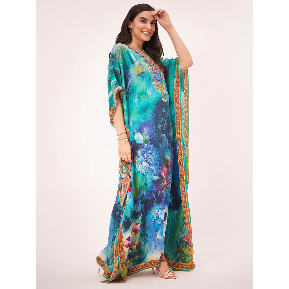 First Resort by Ramola Bachchan Blue & Green Floral Embellished Kaftan Maxi Dress