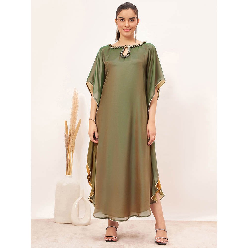 First Resort by Ramola Bachchan Green Crystal Embellished Kaftan Maxi Dress