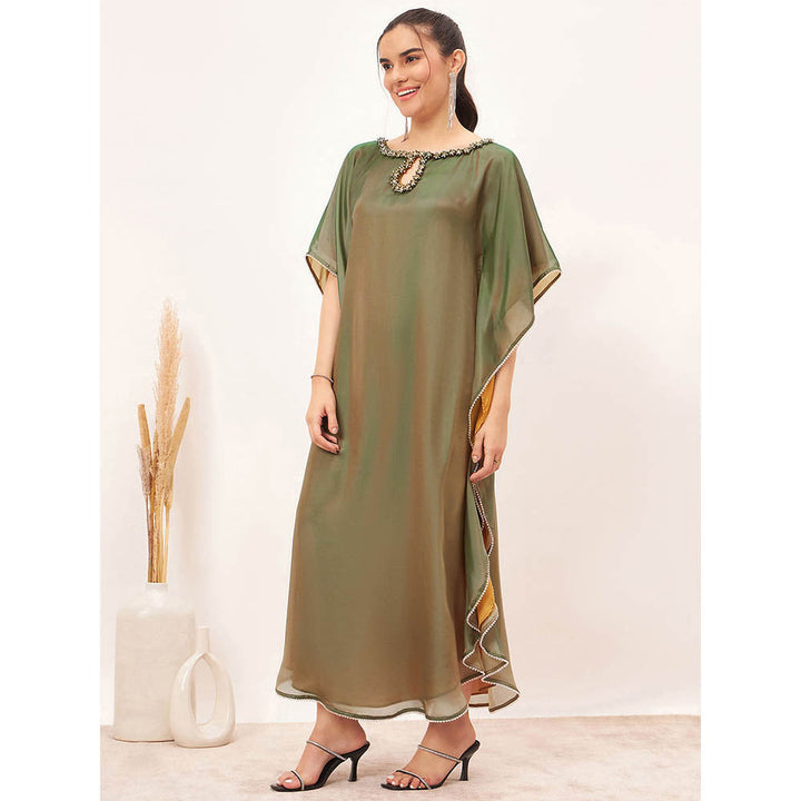 First Resort by Ramola Bachchan Green Crystal Embellished Kaftan Maxi Dress