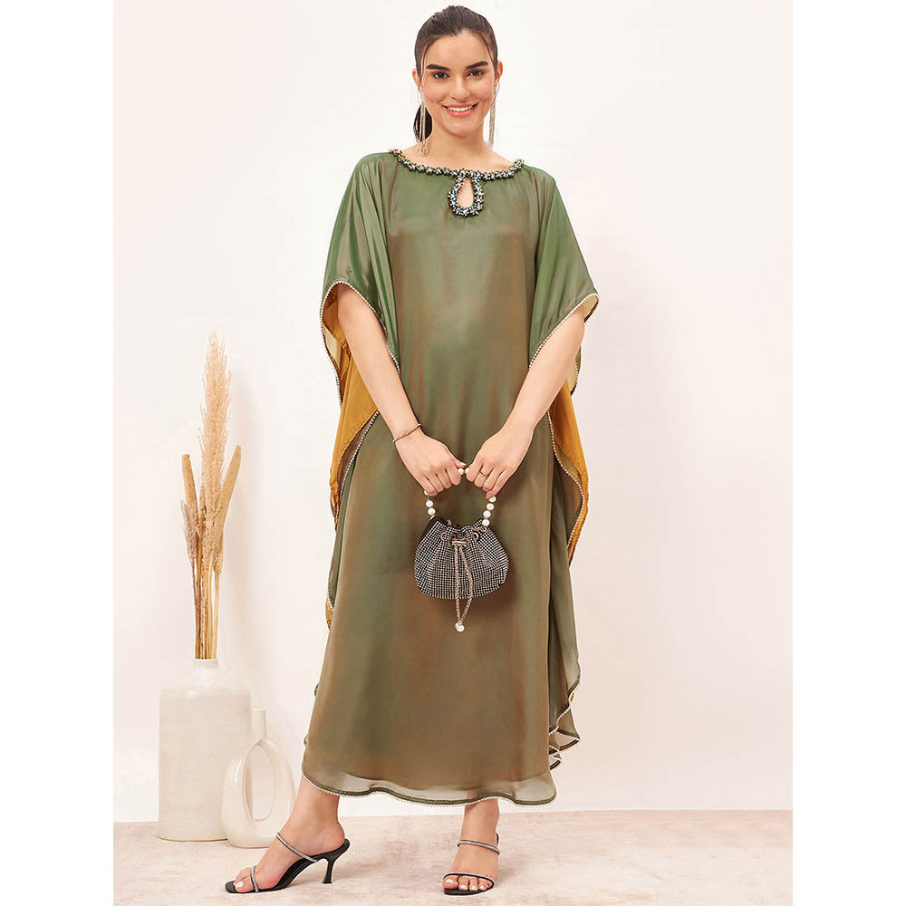 First Resort by Ramola Bachchan Green Crystal Embellished Kaftan Maxi Dress