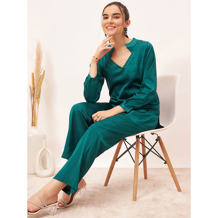 First Resort by Ramola Bachchan Teal Embellished Satin Co-Ord (Set of 2)