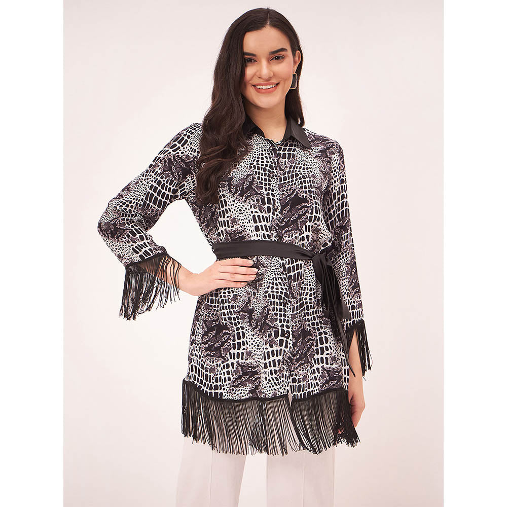 First Resort by Ramola Bachchan Black and White Baroque Animal Print Shirt with Belt (Set of 2)