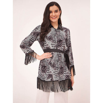 First Resort by Ramola Bachchan Black and White Baroque Animal Print Shirt with Belt (Set of 2)