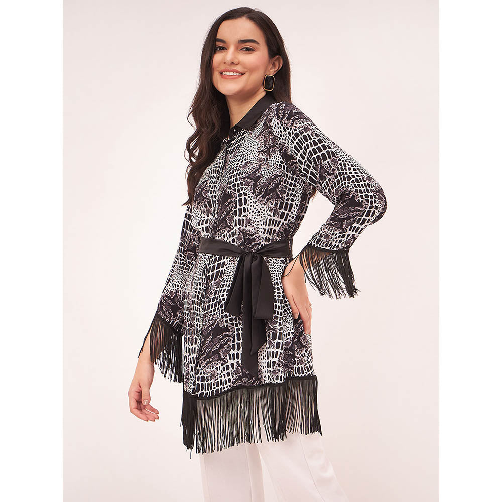 First Resort by Ramola Bachchan Black and White Baroque Animal Print Shirt with Belt (Set of 2)