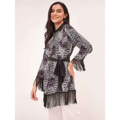 First Resort by Ramola Bachchan Black and White Baroque Animal Print Shirt with Belt (Set of 2)