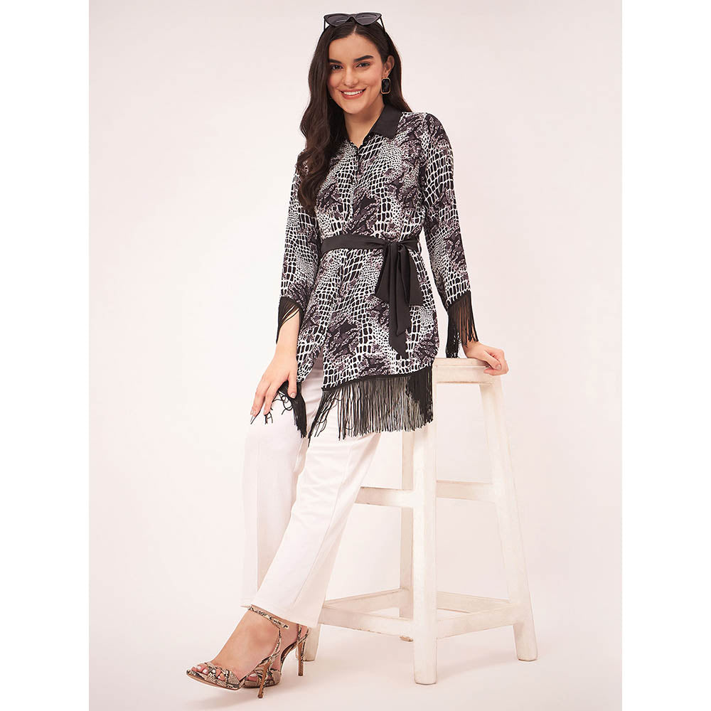 First Resort by Ramola Bachchan Black and White Baroque Animal Print Shirt with Belt (Set of 2)