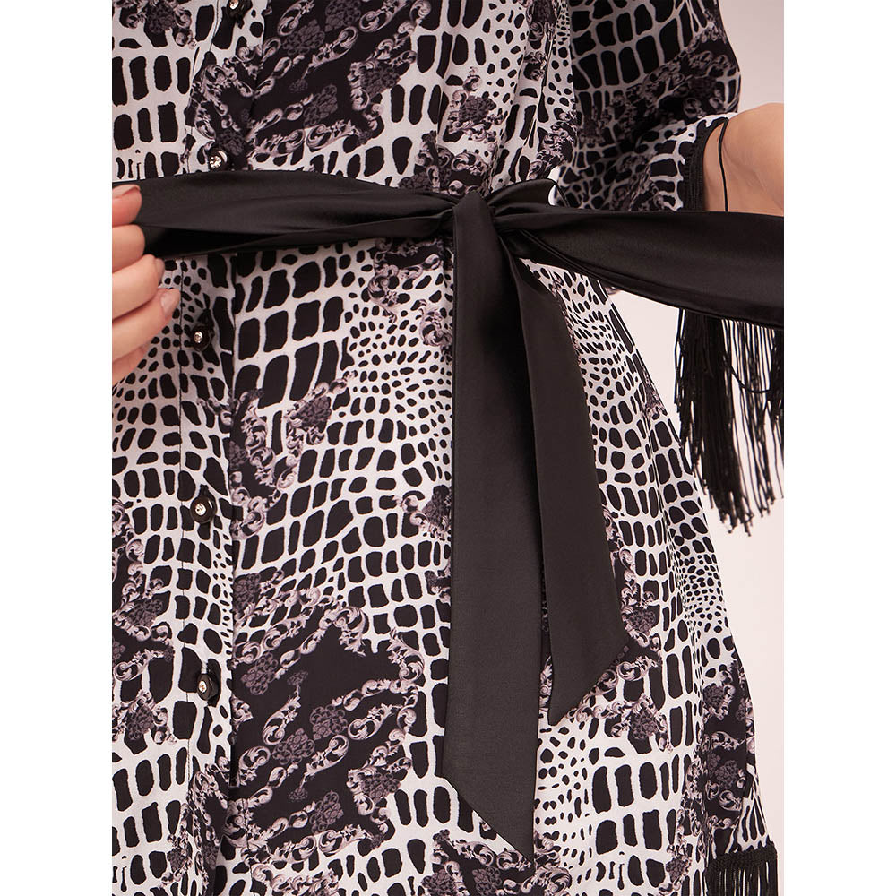 First Resort by Ramola Bachchan Black and White Baroque Animal Print Shirt with Belt (Set of 2)