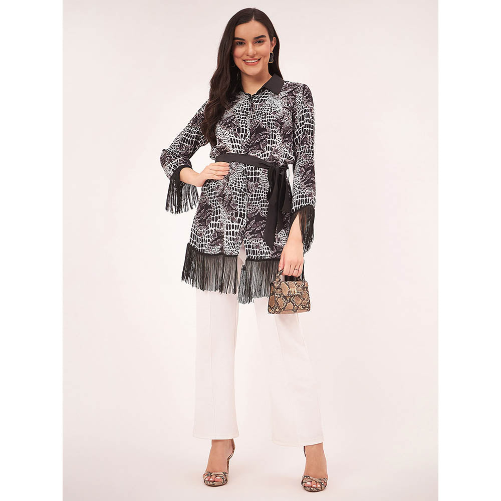First Resort by Ramola Bachchan Black and White Baroque Animal Print Shirt with Belt (Set of 2)