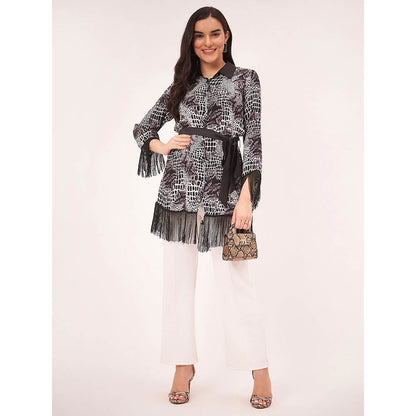 First Resort by Ramola Bachchan Black and White Baroque Animal Print Shirt with Belt (Set of 2)
