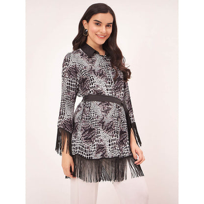 First Resort by Ramola Bachchan Black and White Baroque Animal Print Shirt with Belt (Set of 2)