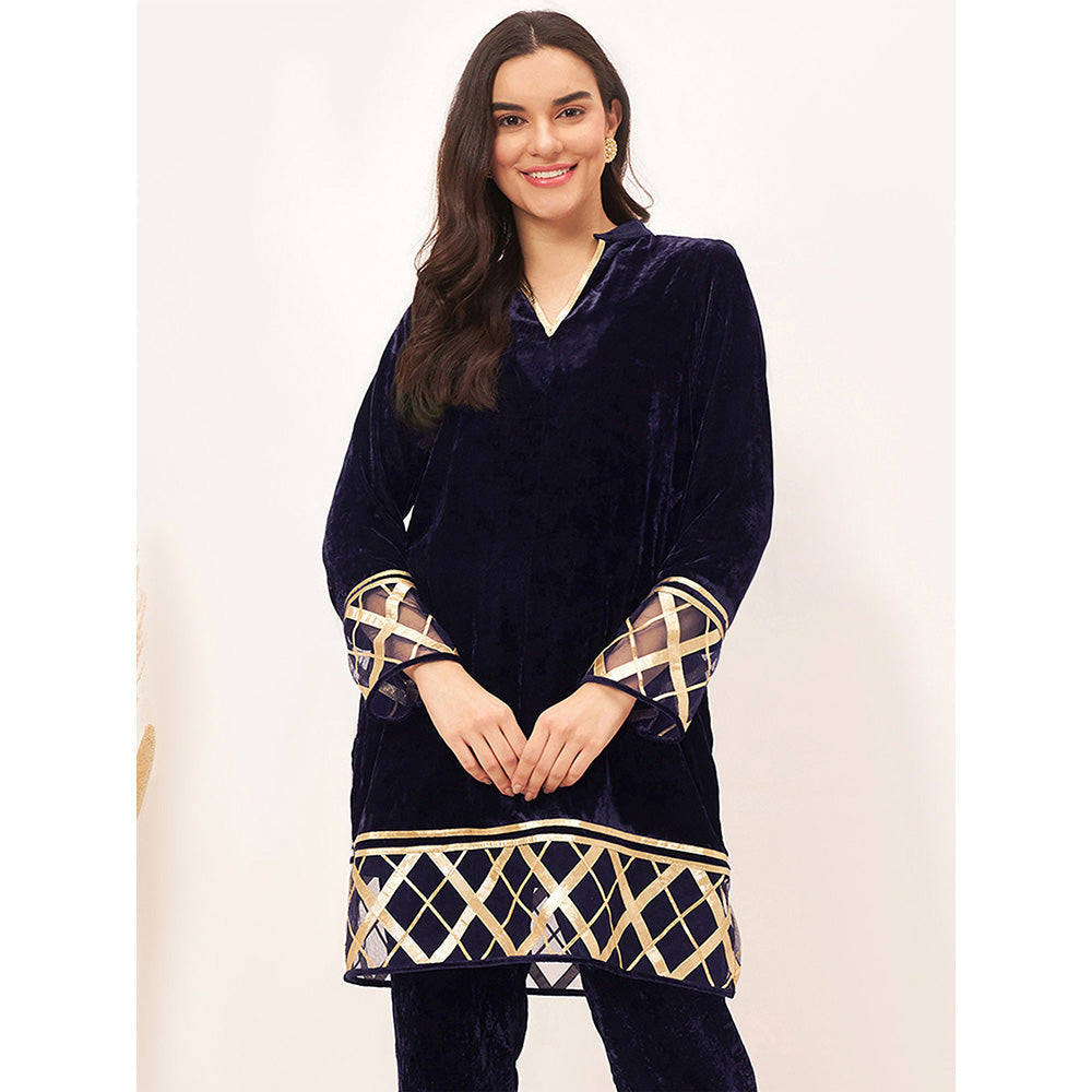 First Resort by Ramola Bachchan Blue Silk Velvet Kurta with Gota Lace Detail
