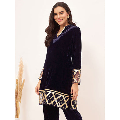 First Resort by Ramola Bachchan Blue Silk Velvet Kurta with Gota Lace Detail