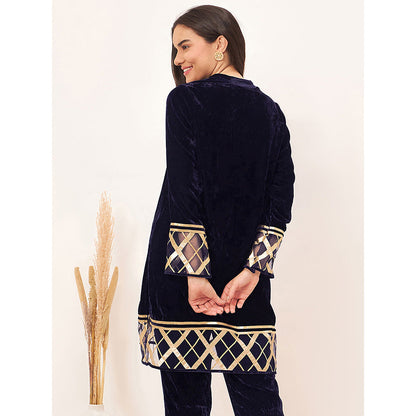 First Resort by Ramola Bachchan Blue Silk Velvet Kurta with Gota Lace Detail