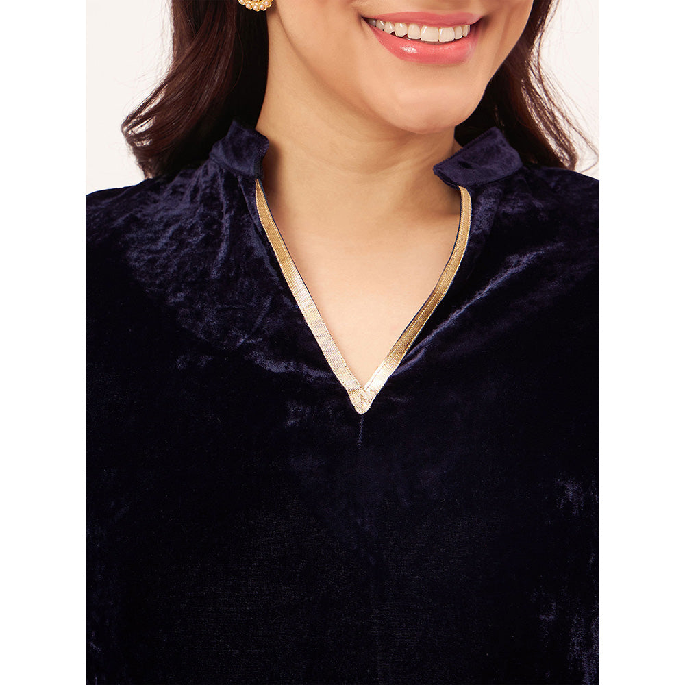 First Resort by Ramola Bachchan Blue Silk Velvet Kurta with Gota Lace Detail