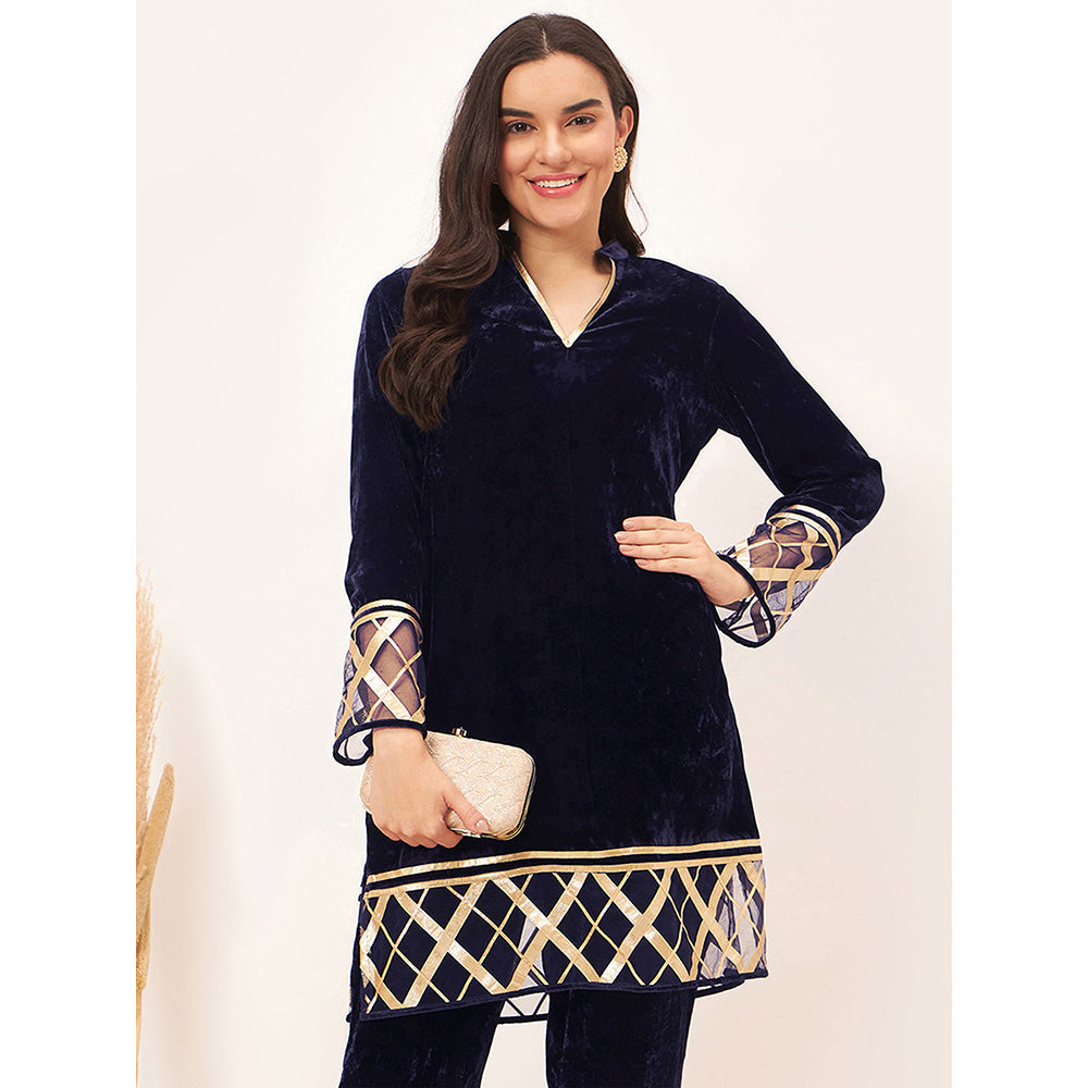First Resort by Ramola Bachchan Blue Silk Velvet Kurta with Gota Lace Detail