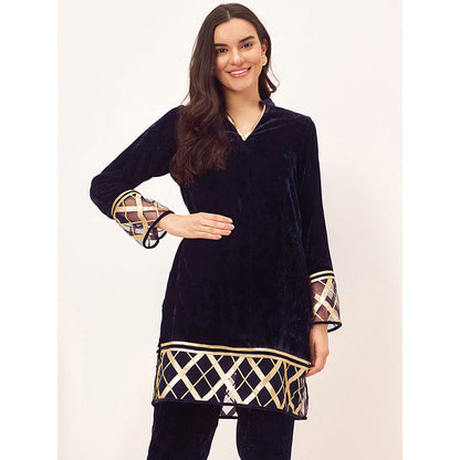 First Resort by Ramola Bachchan Blue Silk Velvet Kurta with Gota Lace Detail