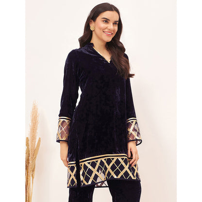 First Resort by Ramola Bachchan Blue Silk Velvet Kurta with Gota Lace Detail