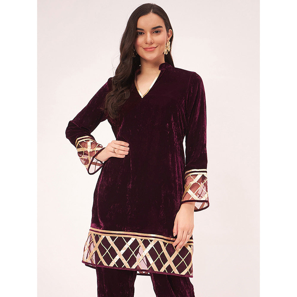 First Resort by Ramola Bachchan Maroon Silk Velvet Kurta with Gota Lace Detail