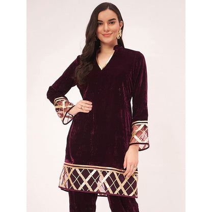 First Resort by Ramola Bachchan Maroon Silk Velvet Kurta with Gota Lace Detail