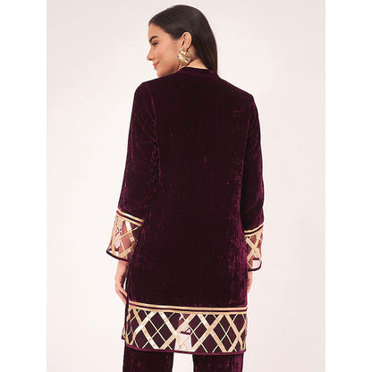 First Resort by Ramola Bachchan Maroon Silk Velvet Kurta with Gota Lace Detail