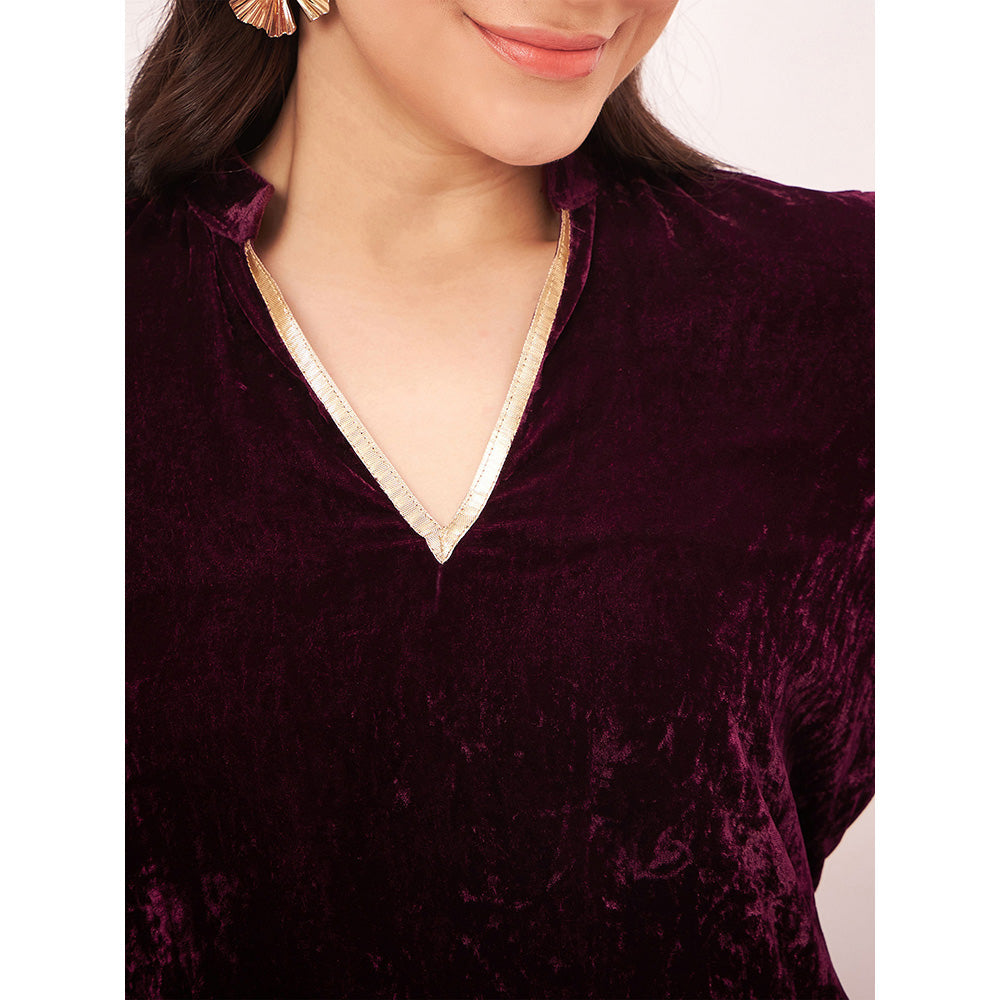 First Resort by Ramola Bachchan Maroon Silk Velvet Kurta with Gota Lace Detail