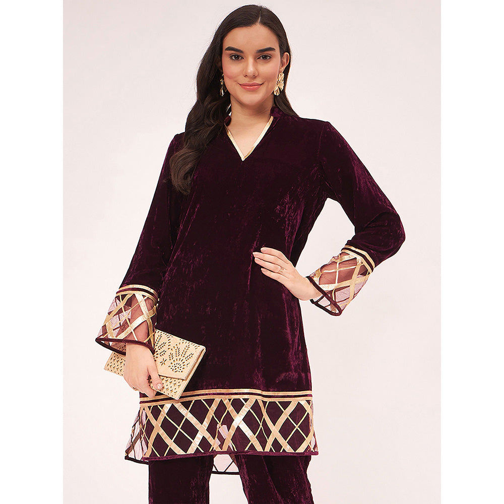 First Resort by Ramola Bachchan Maroon Silk Velvet Kurta with Gota Lace Detail