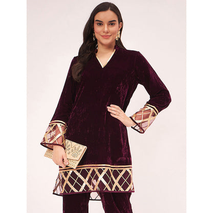 First Resort by Ramola Bachchan Maroon Silk Velvet Kurta with Gota Lace Detail