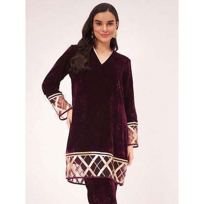 First Resort by Ramola Bachchan Maroon Silk Velvet Kurta with Gota Lace Detail