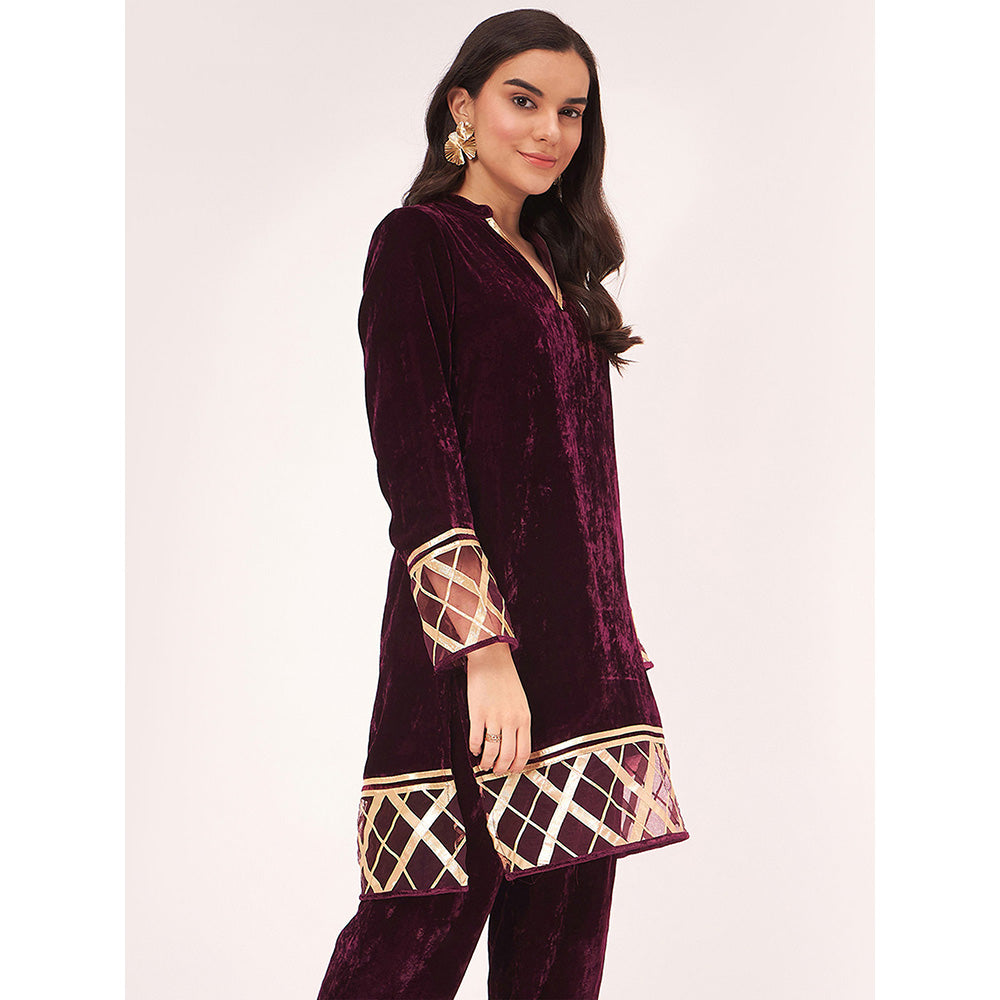 First Resort by Ramola Bachchan Maroon Silk Velvet Kurta with Gota Lace Detail