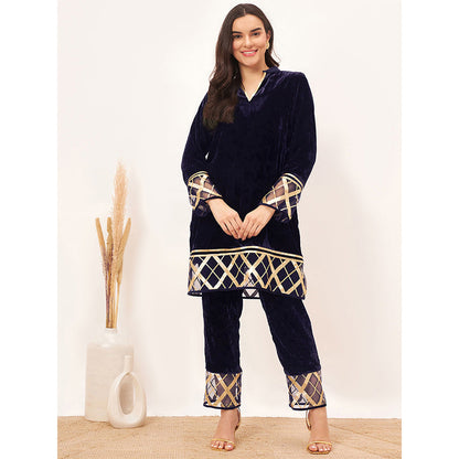 First Resort by Ramola Bachchan Blue Silk Velvet with Gota Lace Kurta Co-Ord