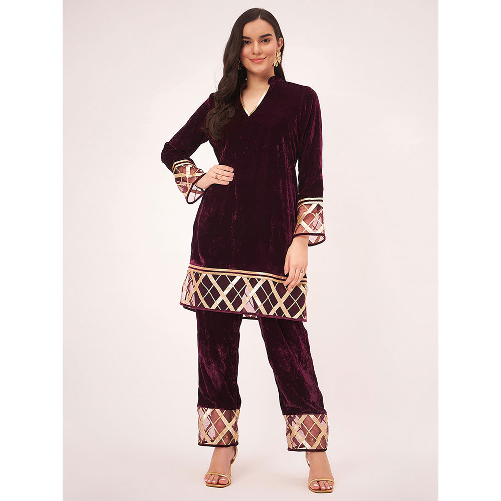 First Resort by Ramola Bachchan Maroon Silk Velvet with Gota Lace Kurta Co-Ord