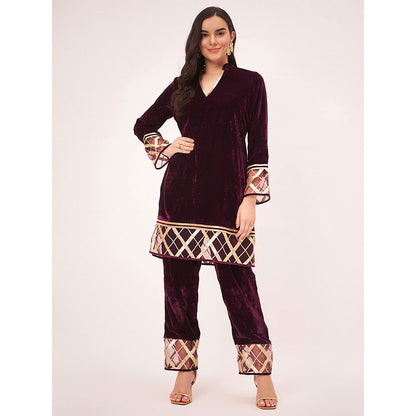 First Resort by Ramola Bachchan Maroon Silk Velvet with Gota Lace Kurta Co-Ord