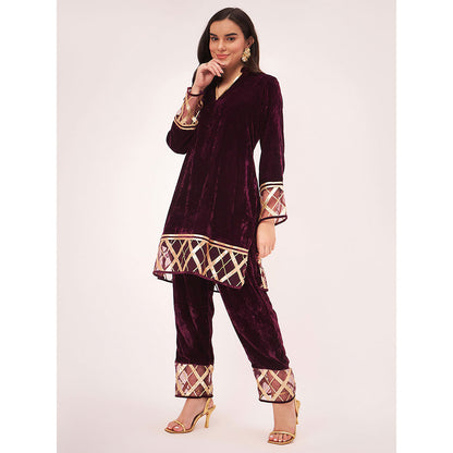 First Resort by Ramola Bachchan Maroon Silk Velvet with Gota Lace Kurta Co-Ord