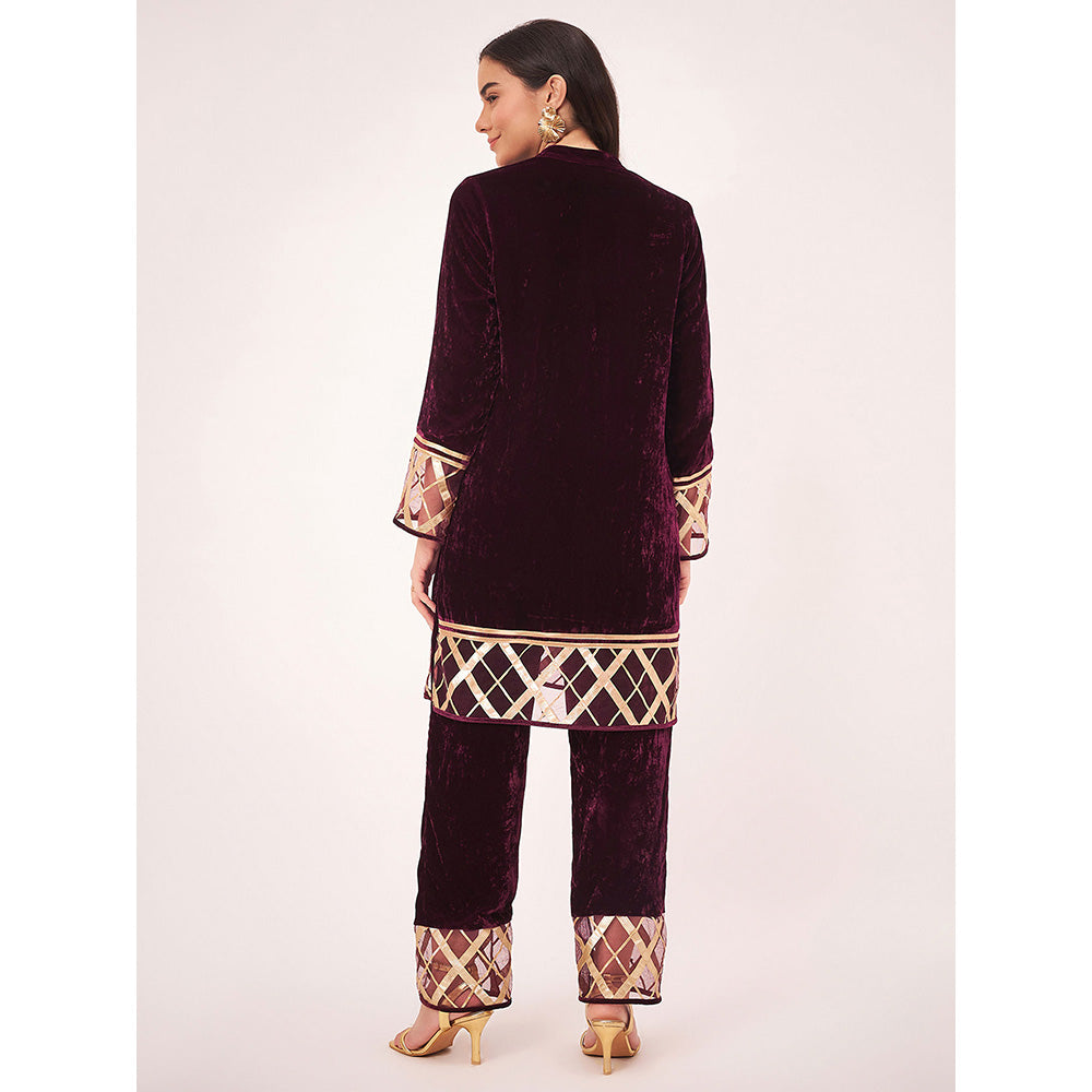 First Resort by Ramola Bachchan Maroon Silk Velvet with Gota Lace Kurta Co-Ord