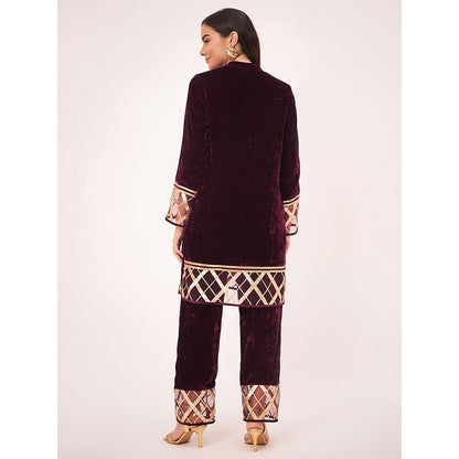 First Resort by Ramola Bachchan Maroon Silk Velvet with Gota Lace Kurta Co-Ord