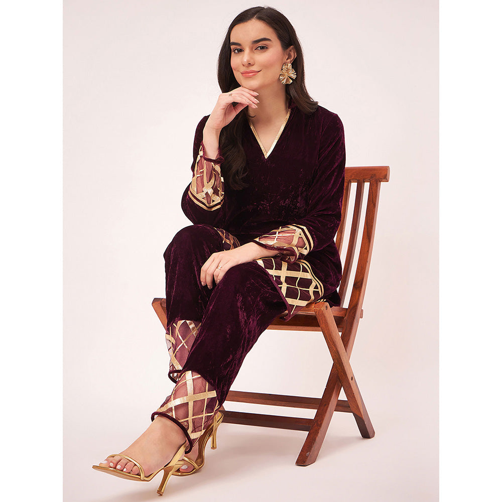 First Resort by Ramola Bachchan Maroon Silk Velvet with Gota Lace Kurta Co-Ord