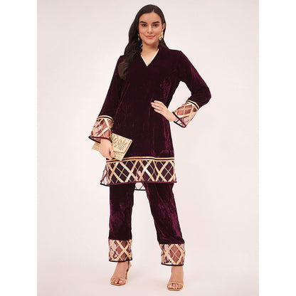 First Resort by Ramola Bachchan Maroon Silk Velvet with Gota Lace Kurta Co-Ord