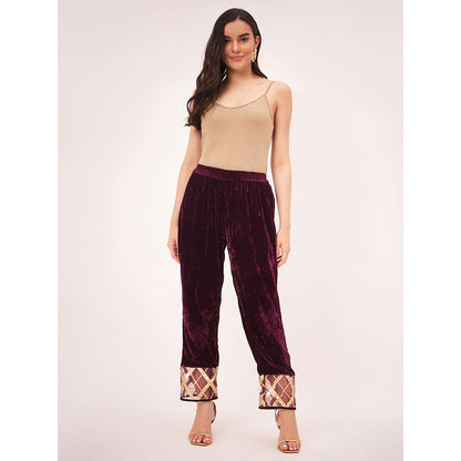 First Resort by Ramola Bachchan Maroon Silk Velvet with Gota Lace Kurta Co-Ord