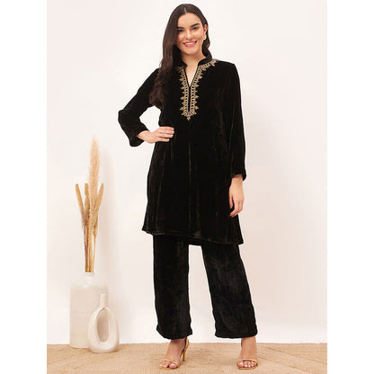 First Resort by Ramola Bachchan Black Hand Embroidered Silk Velvet Kurta Co-Ord