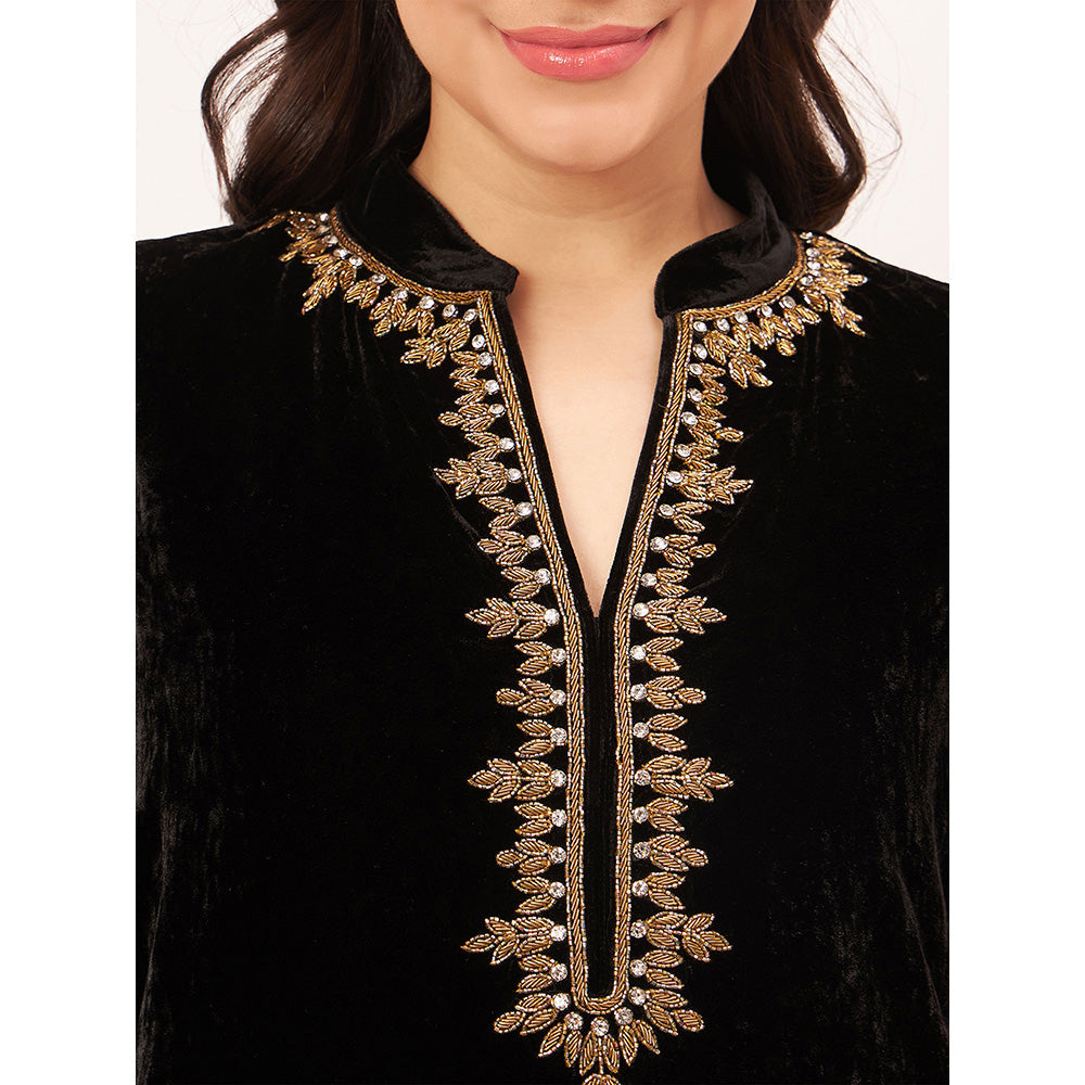 First Resort by Ramola Bachchan Black Hand Embroidered Silk Velvet Kurta Co-Ord