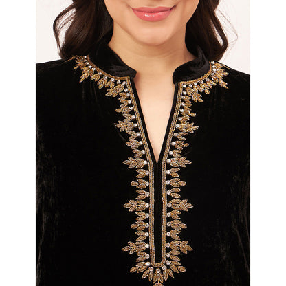 First Resort by Ramola Bachchan Black Hand Embroidered Silk Velvet Kurta Co-Ord