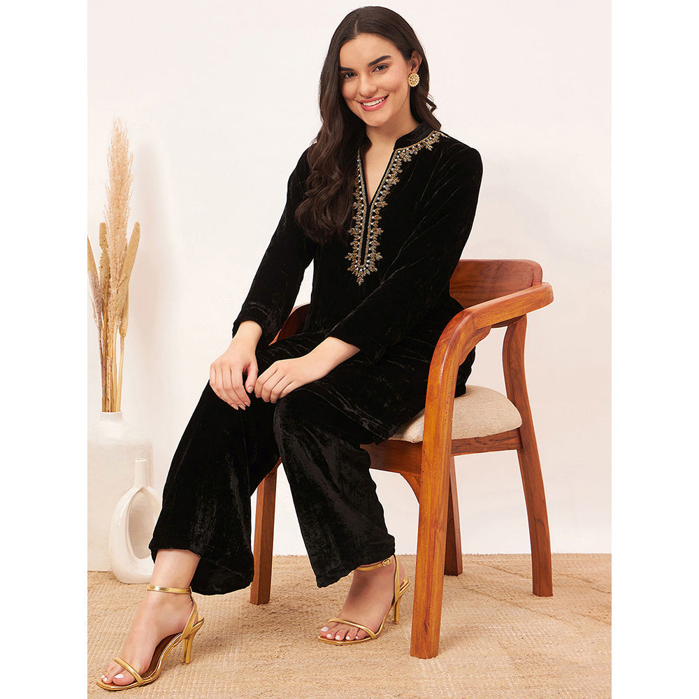 First Resort by Ramola Bachchan Black Hand Embroidered Silk Velvet Kurta Co-Ord