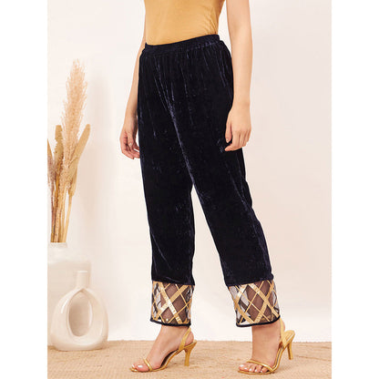 First Resort by Ramola Bachchan Blue Silk Velvet Pants with Gota Lace Detail