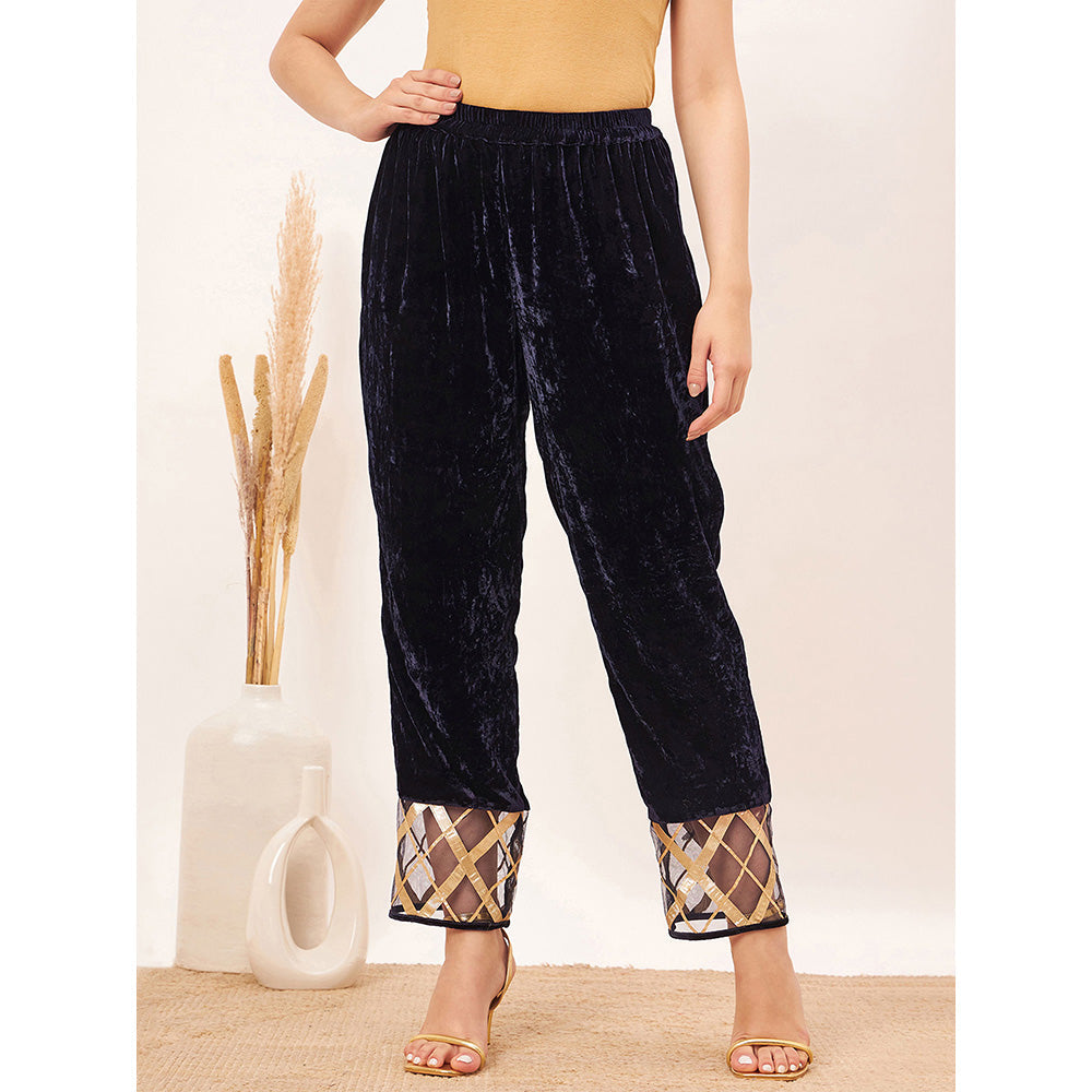 First Resort by Ramola Bachchan Blue Silk Velvet Pants with Gota Lace Detail