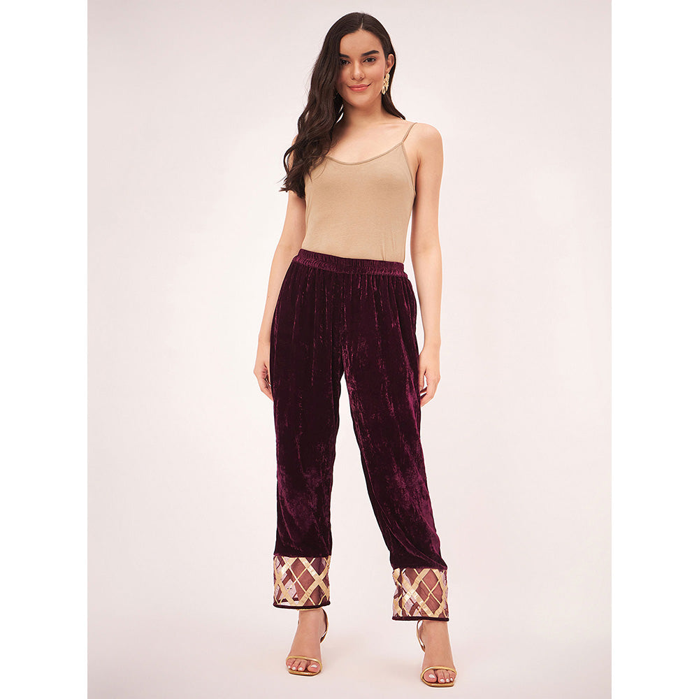 First Resort by Ramola Bachchan Maroon Silk Velvet Pants with Gota Lace Detail