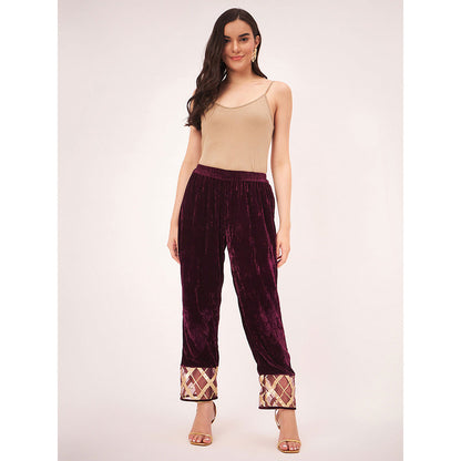 First Resort by Ramola Bachchan Maroon Silk Velvet Pants with Gota Lace Detail