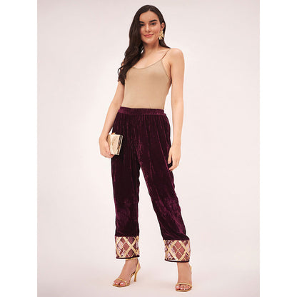 First Resort by Ramola Bachchan Maroon Silk Velvet Pants with Gota Lace Detail
