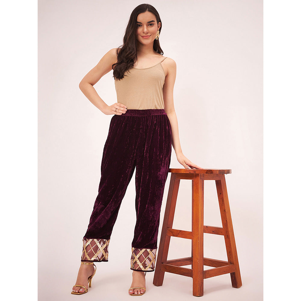 First Resort by Ramola Bachchan Maroon Silk Velvet Pants with Gota Lace Detail