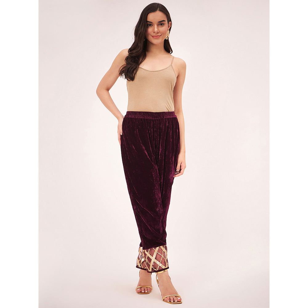 First Resort by Ramola Bachchan Maroon Silk Velvet Pants with Gota Lace Detail