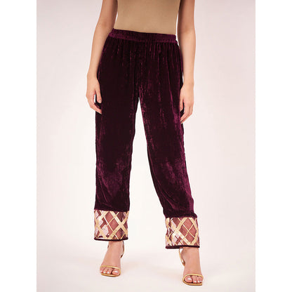 First Resort by Ramola Bachchan Maroon Silk Velvet Pants with Gota Lace Detail